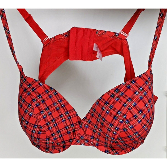 Lane Bryant Cacique Bra 44C Lightly Lined Plunge Red Blue Green Plaid - Picture 6 of 7